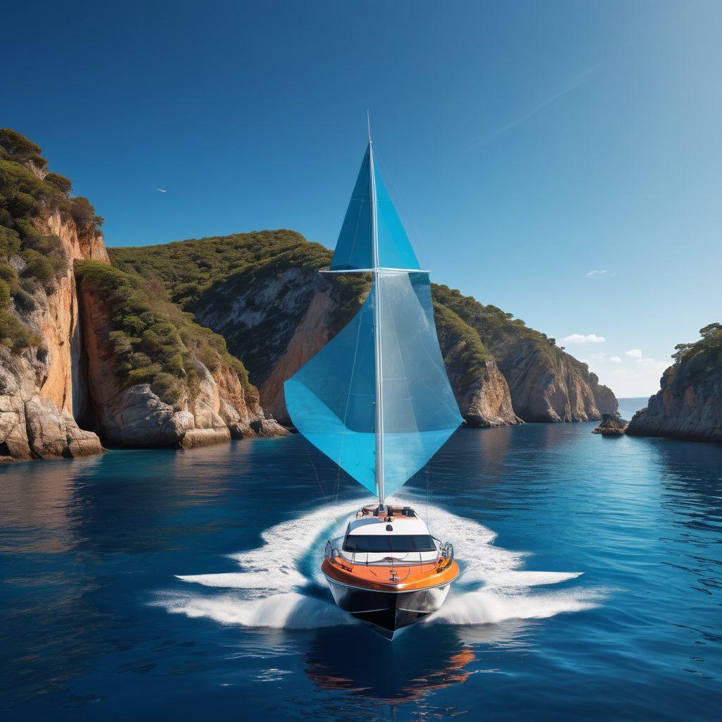 A striking image of a sleek yacht navigating through clear blue waters, with a prominent shield symbol overlaying the scene to represent protection. The background features a picturesque coastline under a bright blue sky, hinting at adventure and freedom. Include elements like life buoys and nautical maps subtly integrated, conveying a sense of security for watercraft. ultra-realistic. vibrant colors. 3D.