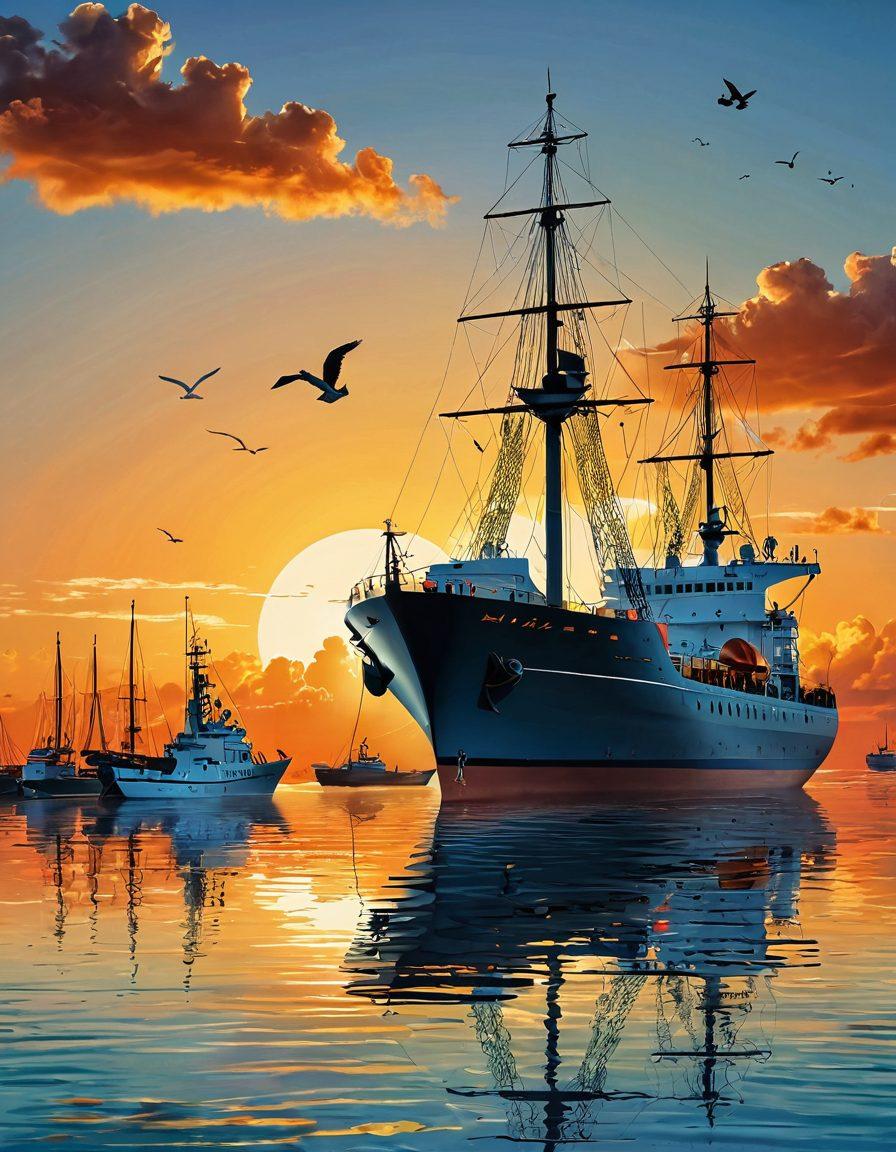 A collage showcasing various marine vessels, including a sleek sailboat gliding across serene waters, alongside a robust commercial ship in bustling port activity. The image should also feature nautical symbols like anchors and compasses, incorporating a vibrant sunset in the background to symbolize exploration. The overall composition should evoke a sense of adventure and professionalism. bright colors. dynamic composition. vector art.
